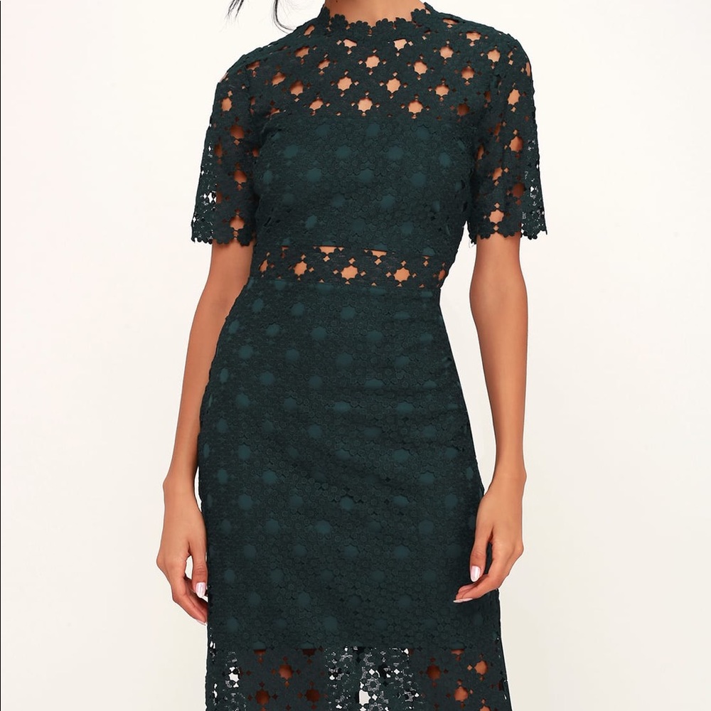 Heartfelt Dark Teal Green Lace Bodycon Midi Dress